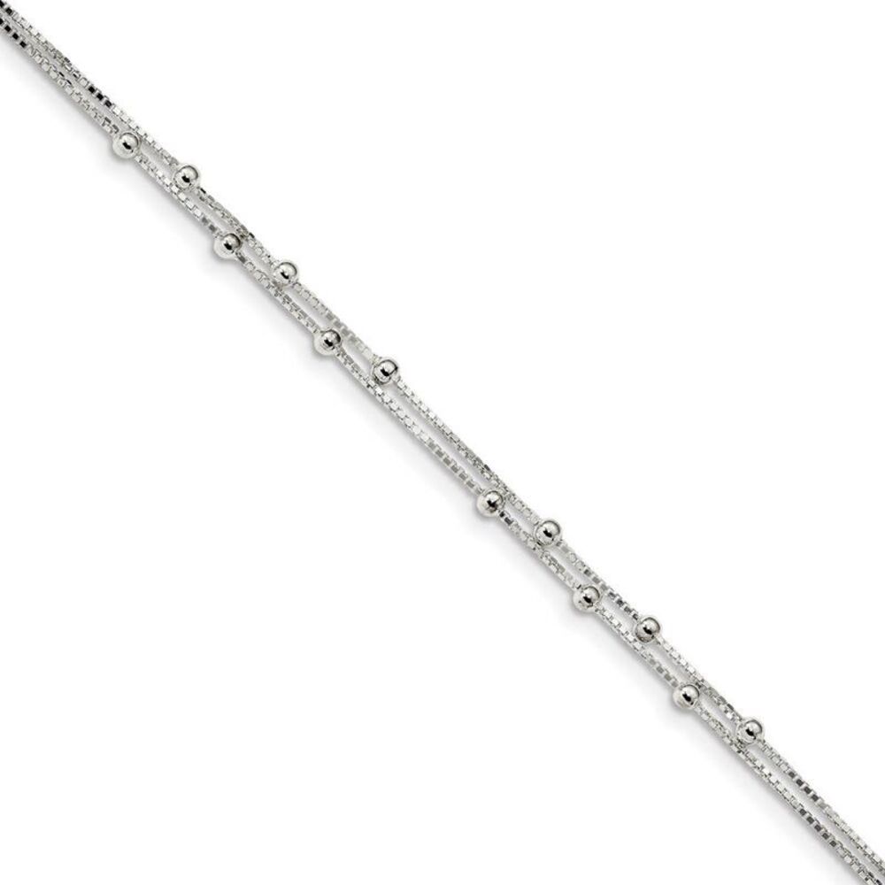 Sterling Silver Beaded 2-Strand 0.8mm Box Chain Anklet, 9-10 Inch